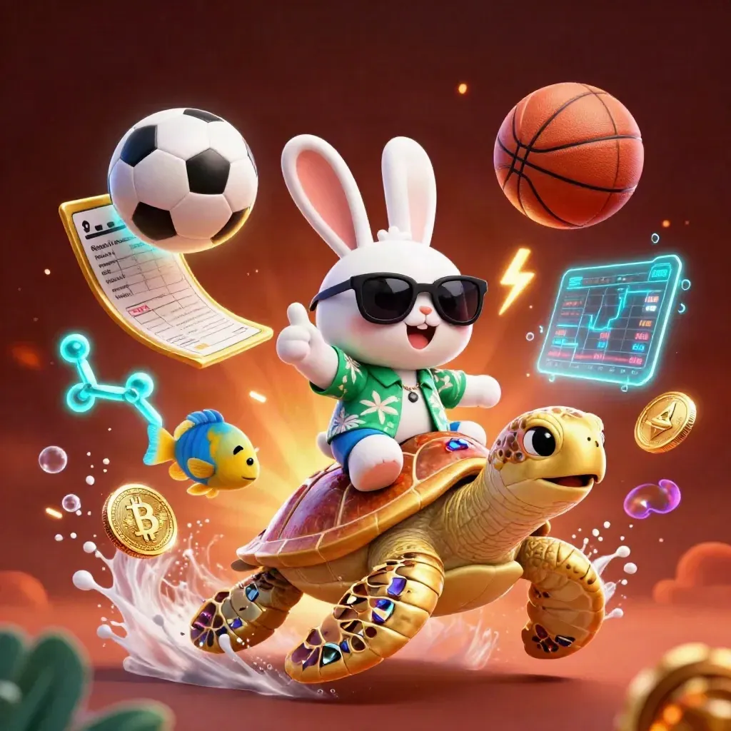 Lucky rabbit on a golden sea turtle amid sports balls, crypto coins, neon glow, and splashy light.