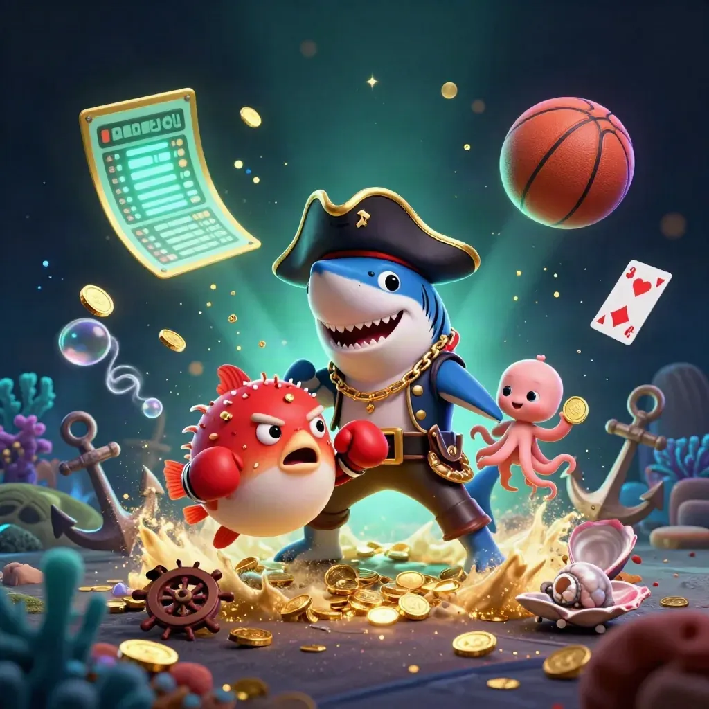 Pirate shark trio amid underwater gold, sports balls, and glowing casino treasure.