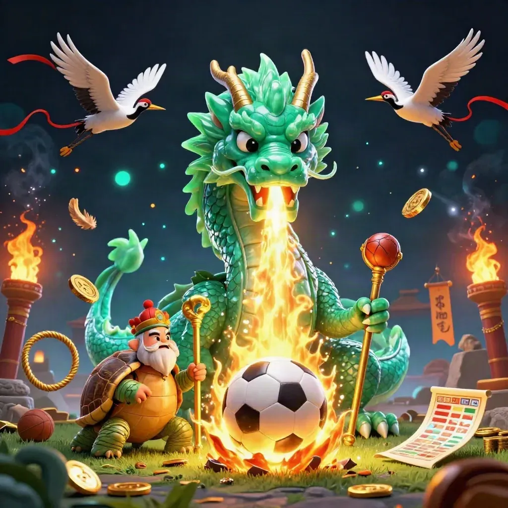 Jade dragon, turtle sage, cranes, and sports props erupt in gold fire over a navy casino backdrop.