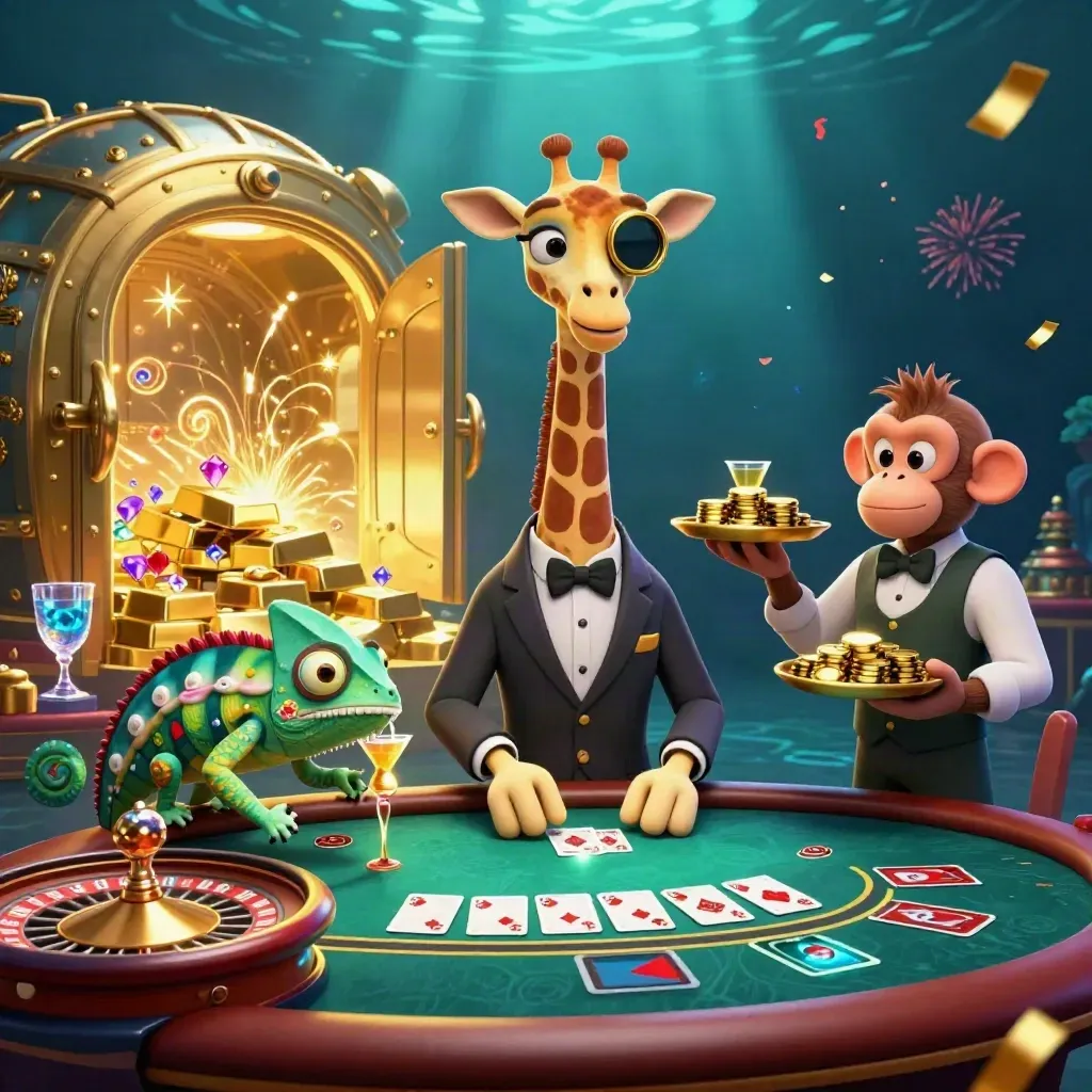 Giraffe, monkey and chameleon in a glowing casino vault with gold, gems and spinning roulette.