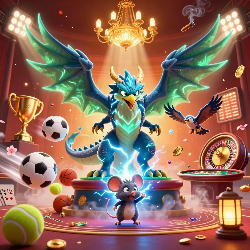 Thunder dragon, wind hawk, and static mouse amid casino lights, coins, and sports energy.