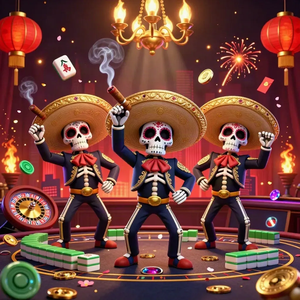 Day-of-the-Dead skeleton mariachi trio amid lanterns, jade coins, petals, and casino glow.