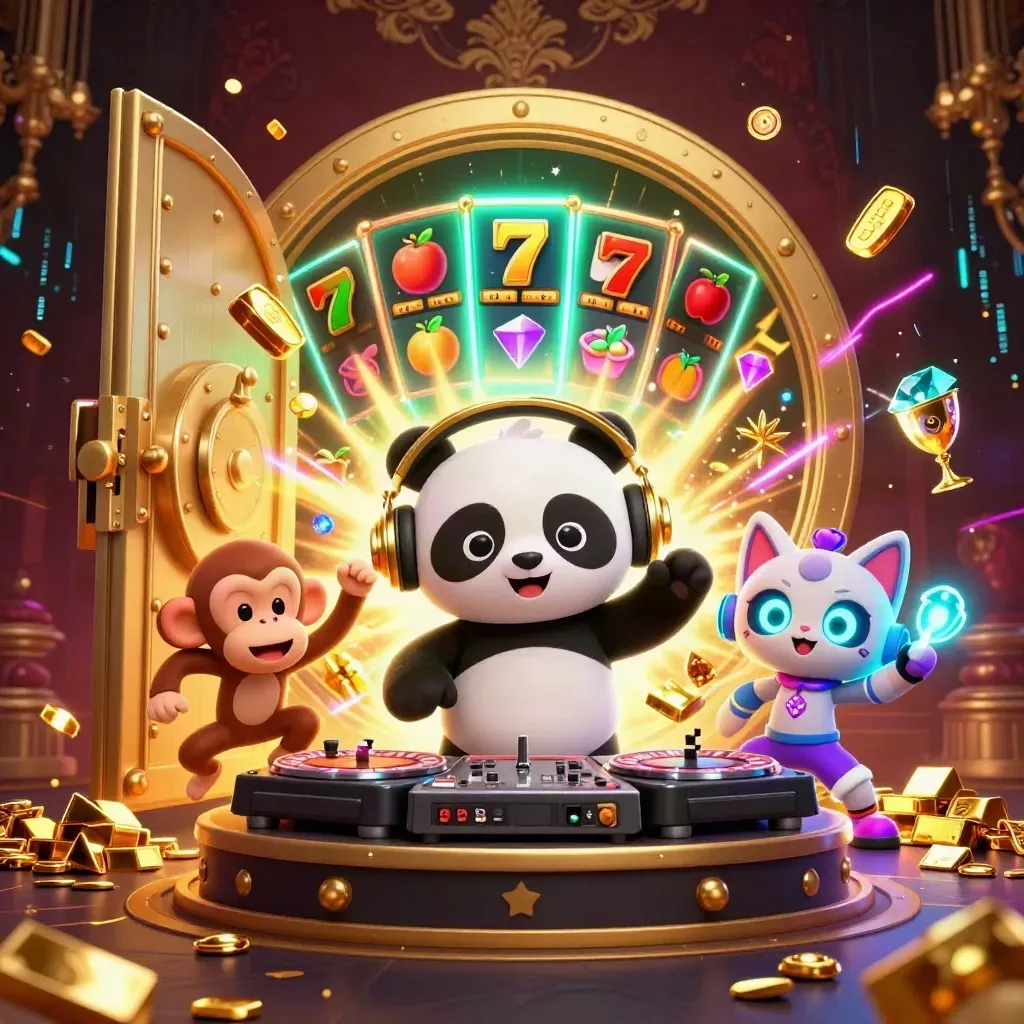 DJ panda, monkey, and kitten burst from a golden vault with neon casino treasure.