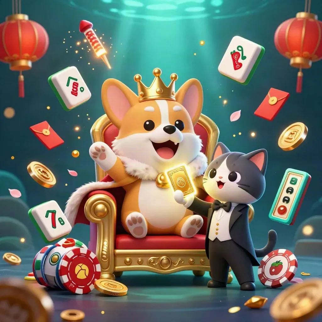 Royal corgi king and cat butler amid explosive casino treasure in neon green glow.