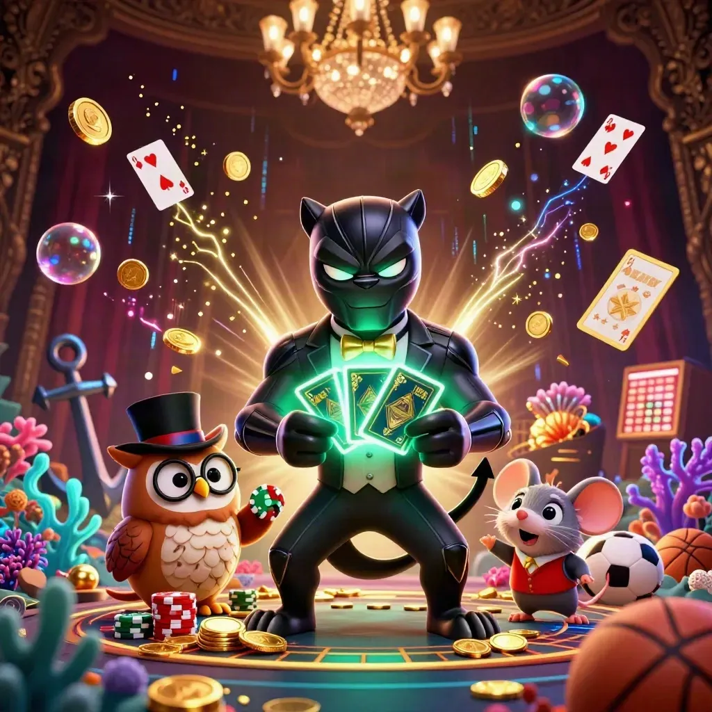 Panther, owl, and mouse amid casino treasure, coins, sports bets, and neon glow