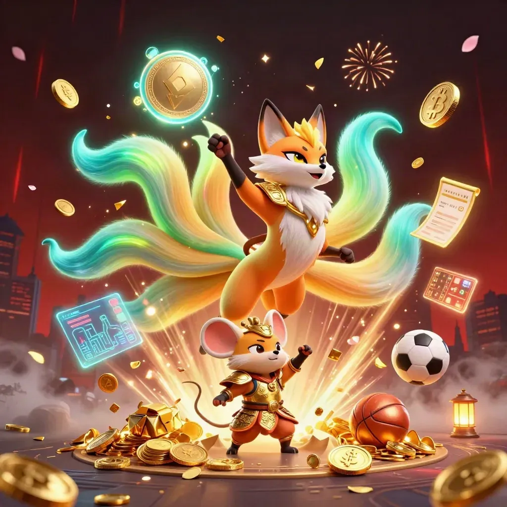 Neon fox spirit and golden mouse amid casino coins, crypto icons, petals, and glowing treasure.