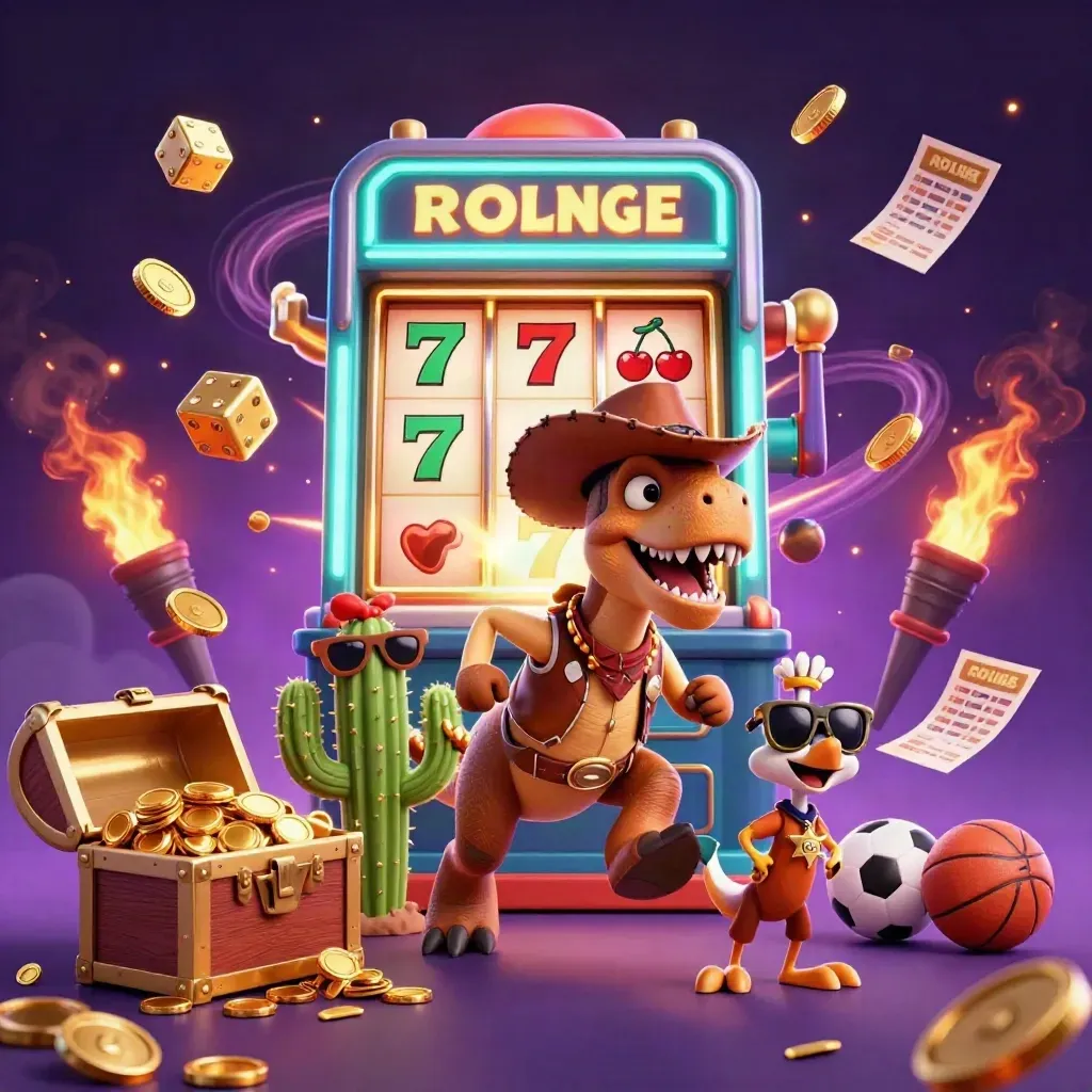 Cowboy T-Rex, cactus sidekick, and roadrunner amid exploding slot coins and jackpots