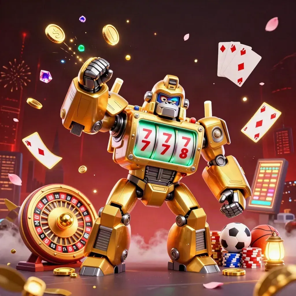 Golden gorilla mech with monkey pilot amid coins, chips, roulette, cards, sports props, and neon fireworks.