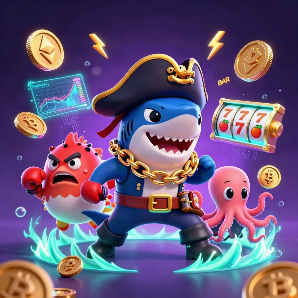 Pirate shark, boxing pufferfish, and juggling octopus with casino coins in neon underwater glow.