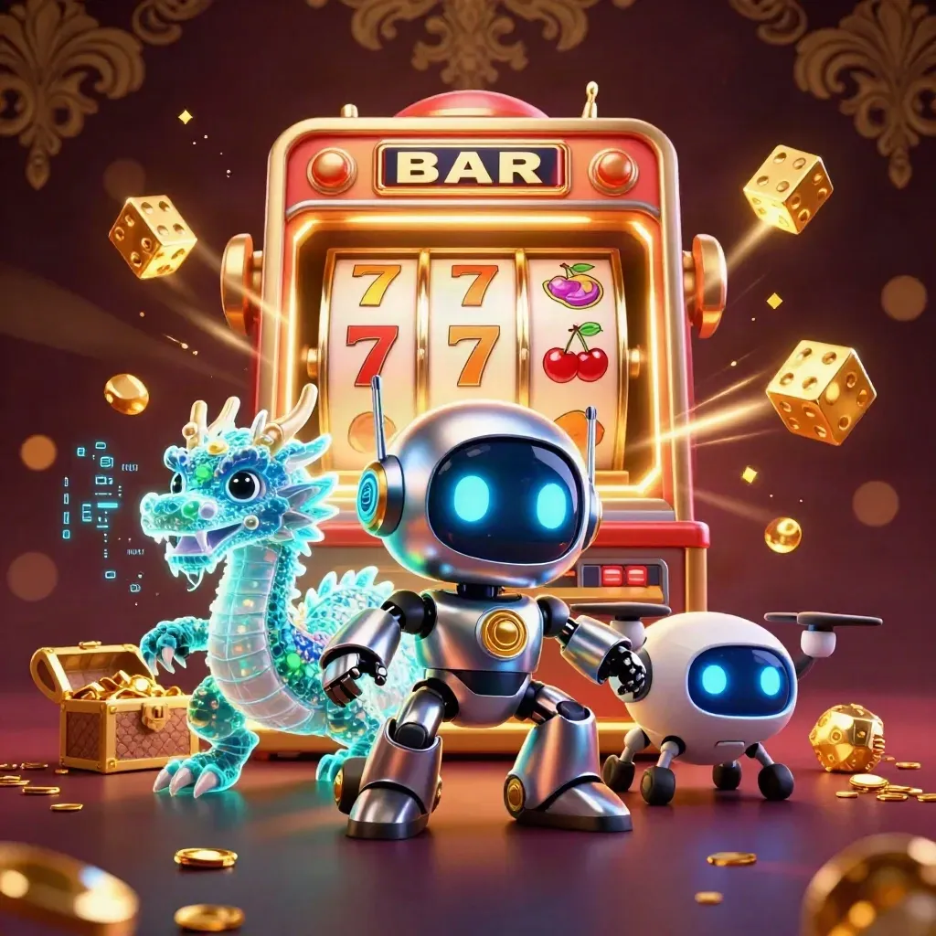 Cyberpunk robot, hologram dragon and coin drone burst from a slot machine in neon casino glow