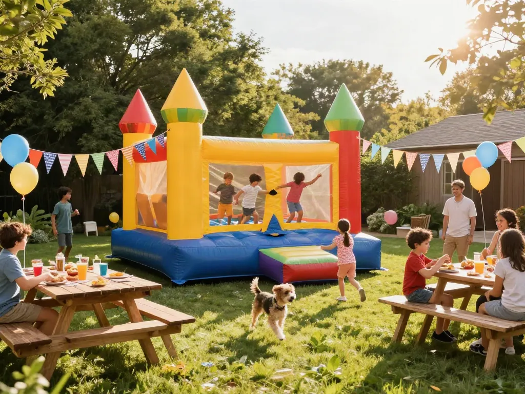 Bouncing kids enjoying a vibrant bounce castle at a backyard party.