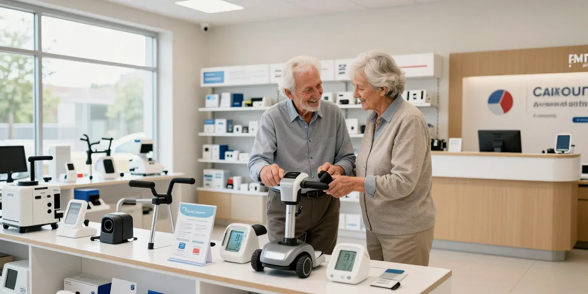 Couple exploring health equip options with a sales rep in a bright showroom, showcasing mobility aids and health devices.